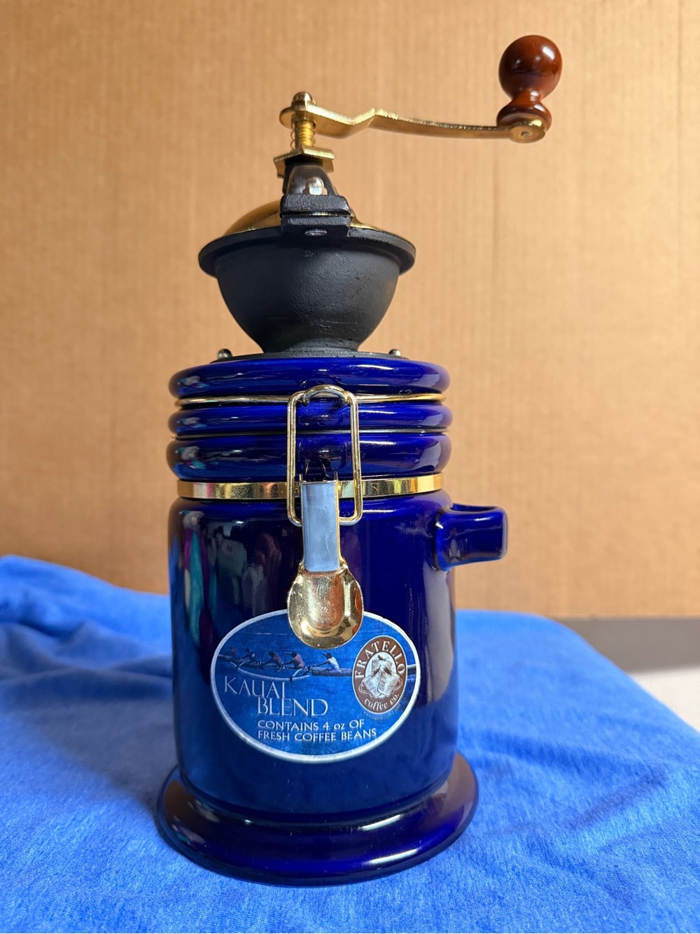 Vintage Fratello Cobalt Blue Ceramic Coffee Grinder Canister